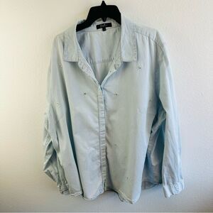 Earl Jeans Crystal Embellished Chambray Long Sleeve Button Top Size 3X